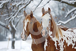 two horses with complementing coat patterns standing in snow