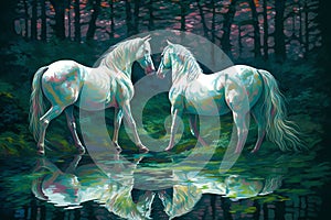 Two horses in the forest reflected in the water,  Digital painting