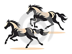 Two horses galloping dynamically, stylized brown equines on the move. Elegance and freedom in animal motion vector