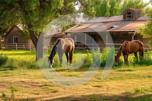 two horses grazing in the pasture of rustic ranch house