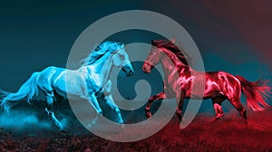 Two horses, illuminated in stark blue and red light, charge through a mystical landscape. This artistic representation