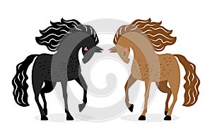 Two horses in love. Black and red horses vector illustration