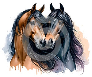 Two horses. Love. Portrait. Watercolor. Stallion and mare. Isolated illustration on a white background. Banner. Close-up