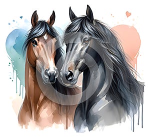 Two horses. Love. Portrait. Watercolor. Stallion and mare. Isolated illustration on a white background. Banner. Close-up