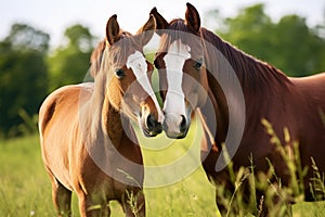 two horses nuzzling each other in a field