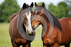 two horses nuzzling each other in a field