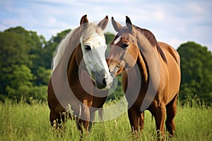 two horses nuzzling each other in a field