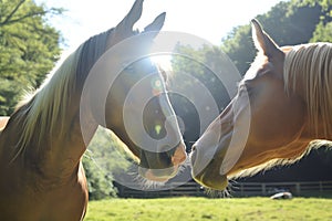 two horses nuzzling noses in a sunny field