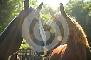 two horses nuzzling noses in a sunny field