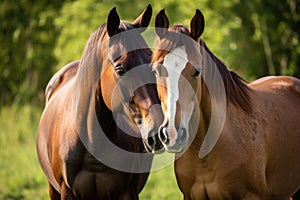 two horses nuzzling together in a pasture