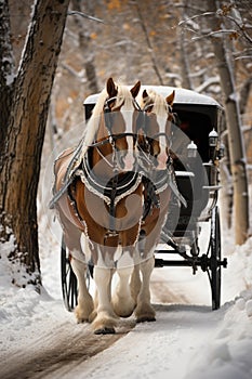 Two horses pulling a carriage through the snow, AI