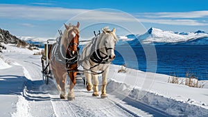 Two horses pulling a carriage on the snow covered road, AI
