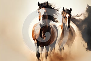 Two horses run gallop in the dust. Digital painting style.