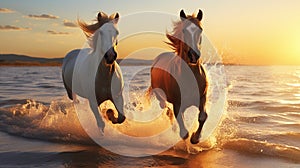 Two horses running along coast sunset background, beautiful horses grace of horsepower on seashore beach, Generative AI