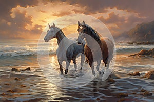 Two horses running on the beach at sunset, Generative AI illustration
