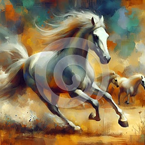 two horses are running in a field while another horse is chasing