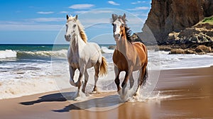 Two horses running on the sandy beach in Algarve, Portugal