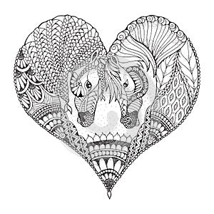 Two horses showing affection in a heart shape. Zentangle