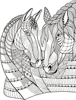 Two horses showing affection, zentangle stylized, vector photo