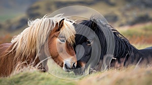 Two horses standing grass together photo