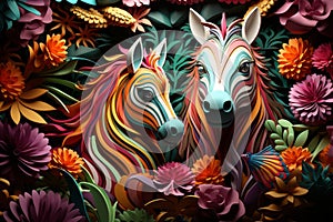 two horses are surrounded by colorful flowers