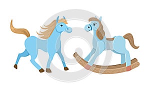 Two horses. Vintage children toy and live horse character. Vector objects on white background