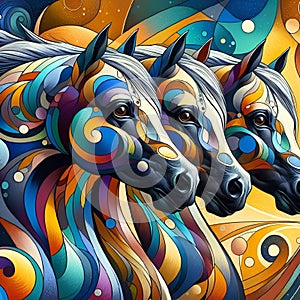 two horses wearing colorful designs on their heads, in front of a brightly colored sun