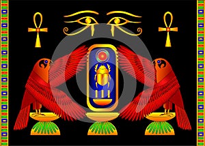 Two horus falcons hold the cartouche with the throne name of Tutankhamun