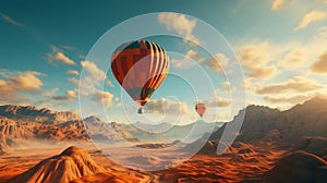 Two hot air balloons are soaring over a sun-drenched desert landscape. AI-generated.