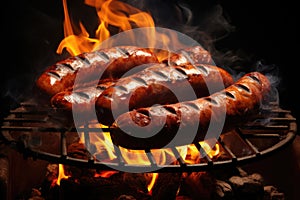 Two hot dogs sizzling on grill with flames in background. Perfect for summer cookouts and barbecues