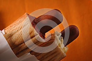 Two hot dogs on a yellow background