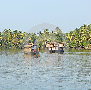 Two Houseboats in Backwaters in Kerala, India...