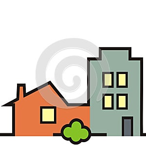 Two houses and greenery, vector illustration, isolated object