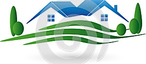 Two houses and meadow, real estate and houses logo