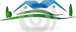 Two houses and meadow, roofs, real estate logo