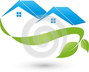 Two houses, roofs and plant, real estate and eco houses logo
