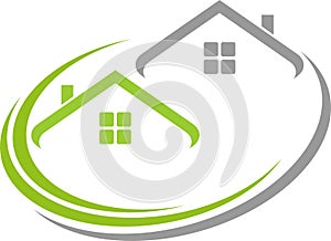 Two houses, roofs, real estate and roofer background, real estate logo, roofer logo