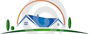 Two houses and sun, houses and roofs, real estate logo