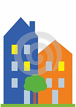 Two houses and tree, greenery in town, vector icon, eps.