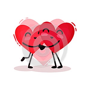 Two hugging red hearts. Adorable couple in love. Valentines day theme. Flat vector design