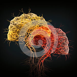 Two human brains put together neurons anatomy thinking red yellow art