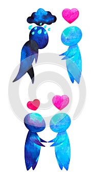 Two human compassion empathy love heart understanding abstract art watercolor painting illustration design drawing cartoon symbol