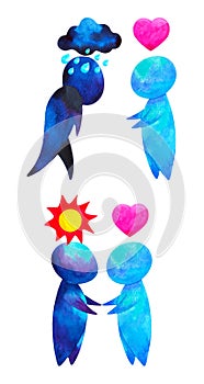 Two human compassion empathy love heart understanding abstract art watercolor painting illustration design drawing cartoon symbol