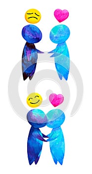 Two human compassion empathy love heart understanding abstract art watercolor painting illustration design drawing cartoon symbol