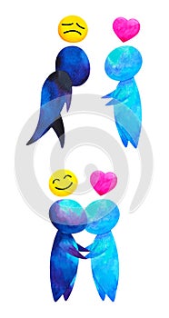 Two human compassion empathy love heart understanding abstract art watercolor painting illustration design drawing cartoon symbol