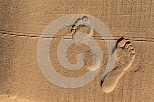 Two human footprints in the sand on the beach. Copy space