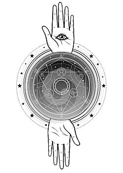 Two Human hands has an all-seeing divine eye. Alchemical circle of transformations.