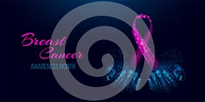 Two human hands are holds pink ribbon awareness. Breast Cancer awareness month concept. Abstract vector illustration on