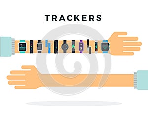 Two human hands, with many trackers and empty vector icon flat isolated.