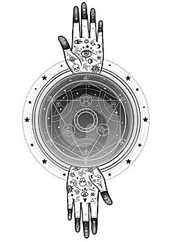 Two Human hands painted with magic symbols. Alchemical circle of transformations.